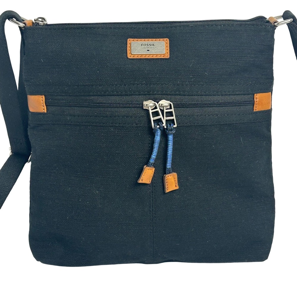 Fossil Black Canvas Crossbody Bag Leather Trim Messenger Shoulder Bag Adjustable